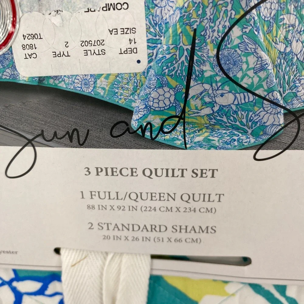 Sun and Sea Quilt Set Full Queen Teal Blue Coastal Marine Life Beach Tropical